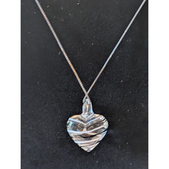 Murano Style Art Glass Necklace Heart Striped Pendant Sterling Silver Chain - Picture 8 of 8